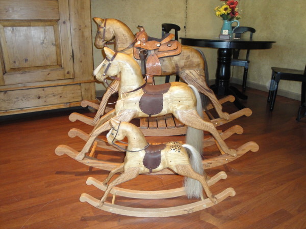 Home decor and decorations: wooden rocking horses.  Comes in 3 sizes. Rocking horses in Oklahoma City, OK; gifts, crafts, rideable rocking horses.